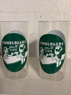Pair of Vintage-Style Green 'Hamburgers You'll Like' plastic tumblers